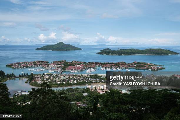 Picture taken on November 18 shows Eden islands, an artificial island of a luxurious residential marina in Mahe island, the largest island contains...