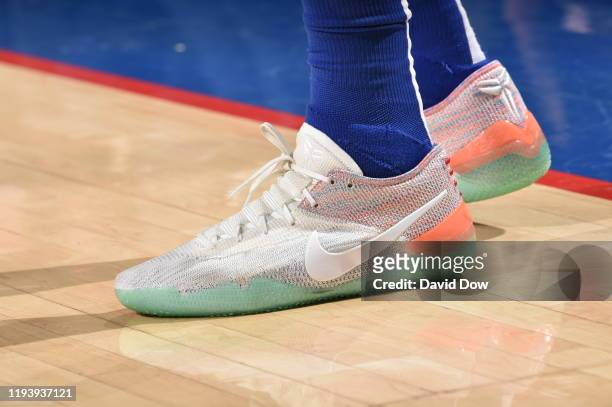 The sneakers worn by James Ennis III of the Philadelphia 76ers against the Brooklyn Nets on January 15, 2020 at the Wells Fargo Center in...