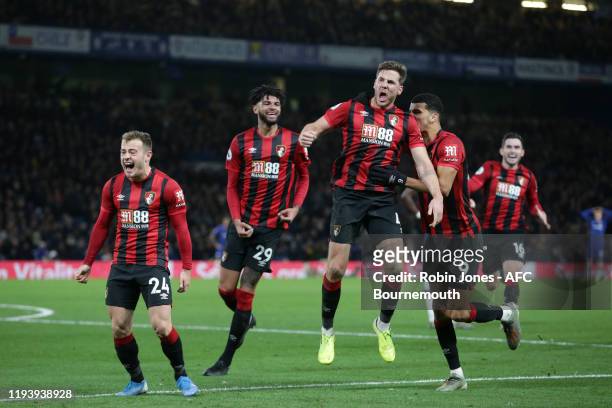 Dan Gosling of Bournemouth celebrates his winning goal with team-mates Ryan Fraser, Dominic Solanke and Philip Billing during the Premier League...