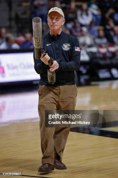 Purdue University President Mitch Daniels is seen before the game against the Michigan State Spartans at Mackey Arena on January 12, 2020 in West...