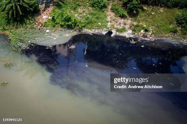 Black water probably dye enters the river from a factory, environmental pollution on the river banks surrounding some of the textile industry...