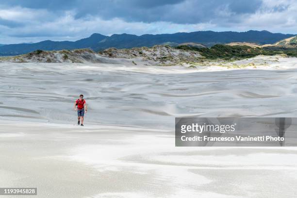 man walking on the sand dunes of farewell spit, golden bay, new zealand. - tasman district new zealand stock pictures, royalty-free photos & images