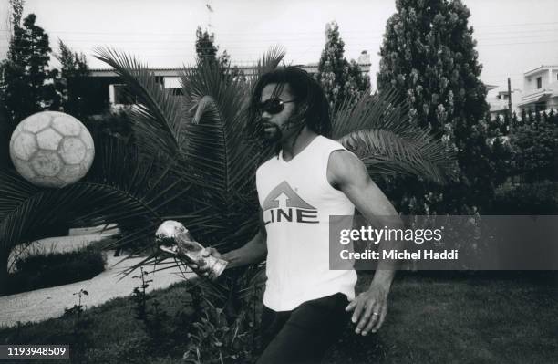 Footballer Christian Karembeu is photographed LUomo Vogue in 2002 in Athens, Greece.