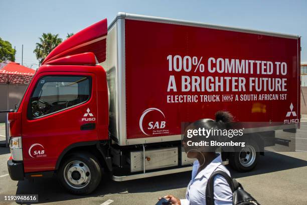 Branded electric Mitsubishi Fuso Truck & Bus Corp. Stands in the yard during the launch of AB InBev Africa's renewable energy programme at the...