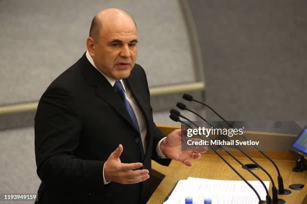 Newly appointed Russian Prime Minister Mikhail Mishustin speaks during the session of State Duma of the Federal Assembly on January 16, 2020 in...