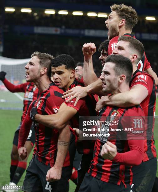 Simon Francis, Dominic Solanke, Simon Francis, Chris Mepham and Lewis Cook celebrate with winning goal scorer Dan Gosling of Bournemouth during the...