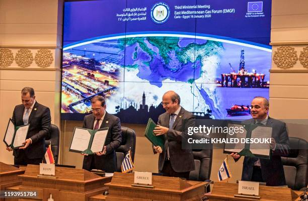 Israeli Energy Minister Yuval Steinitz , Greece's Energy Minister Kostis Hatzidakis , Egyptian Minister of Petroleum Tarek el-Molla and Cypriot...