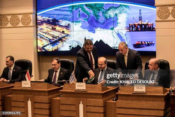 Israeli Energy Minister Yuval Steinitz , Greece's Energy Minister Kostis Hatzidakis , Egyptian Minister of Petroleum Tarek el-Molla and Cypriot...