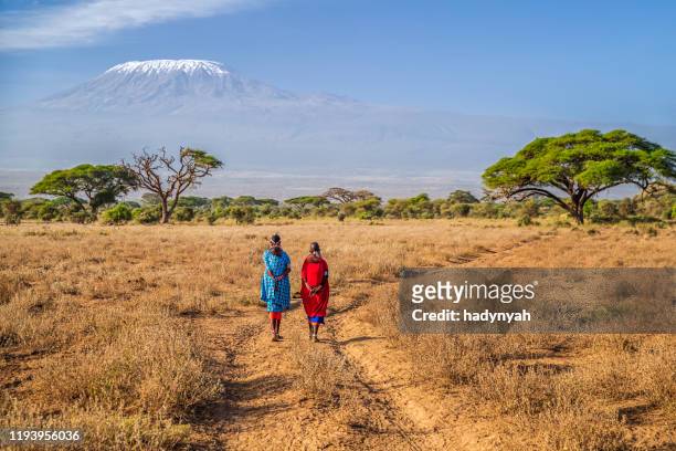 mujeres maasai cruzando sabana, monte kilimanjaro en el fondo, kenia, africa - kenia fotografías e imágenes de stock