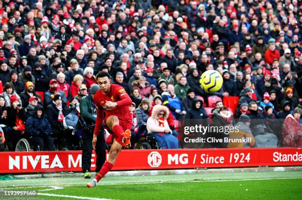 Trent Alexander-Arnold of Liverpool takes a corner during the Premier League match between Liverpool FC and Watford FC at Anfield on December 14,...