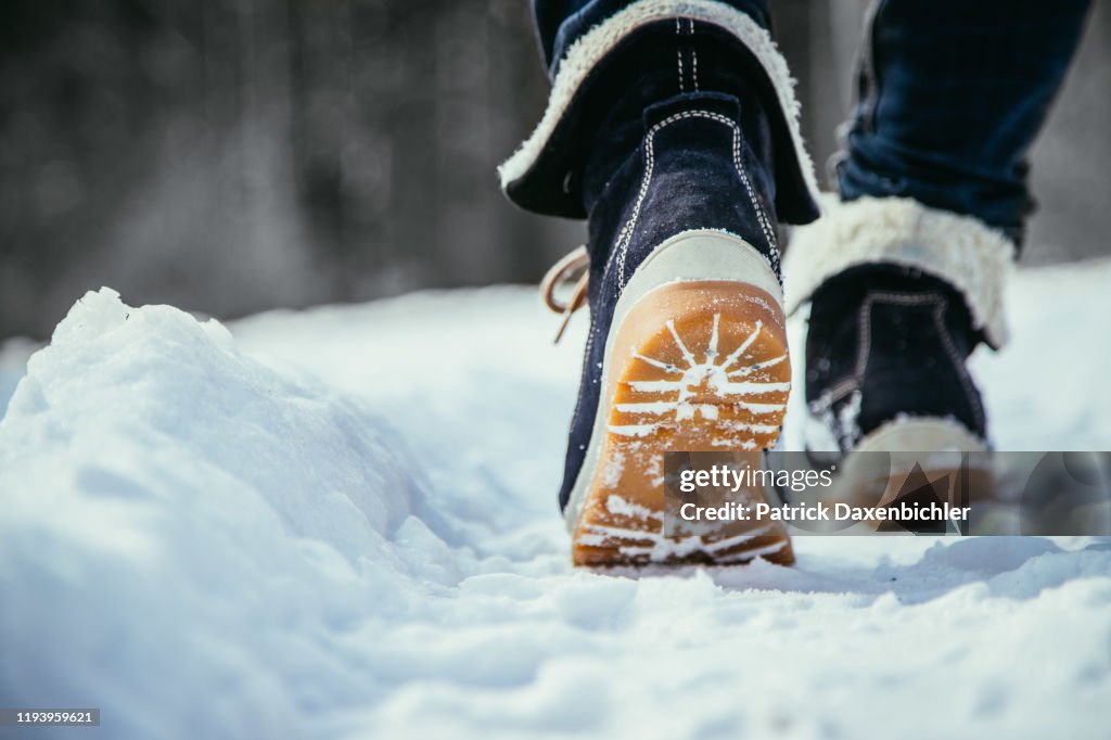 Girl is walking on snow, wintertime, cut out