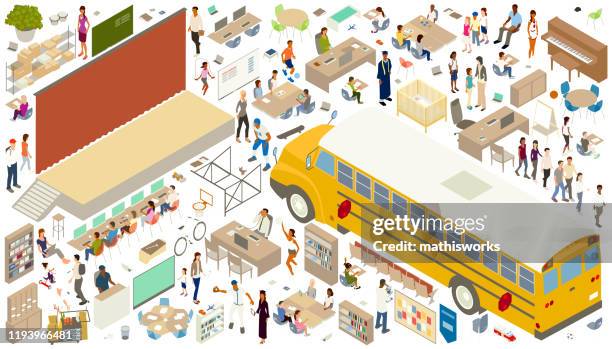 stockillustraties, clipart, cartoons en iconen met isometrische onderwijs iconen - basisschool student