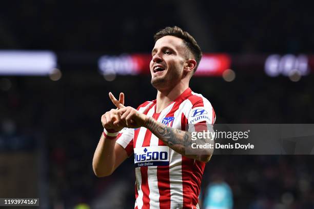 Saul Niguez of Atletico Madrid celebrates scoring his sides second goal during the Liga match between Club Atletico de Madrid and CA Osasuna at Wanda...