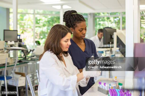 pathologiste et technicienne femme organisant des échantillons d'essai - pathologist photos et images de collection
