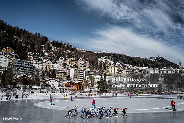 Speed Skaters compete in the Women's Mass Start Speed Skating event on the St. Moritz Speed Skating Oval at St. Moritz, in Lausanne, during the 2020...