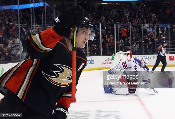 Jakob Silfverberg of the Anaheim Ducks scores the game winning goal in the shoot-out against Henrik Lundqvist of the New York Rangers at the Honda...