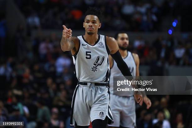 Dejounte Murray of the San Antonio Spurs celebrates during a game between San Antonio Spurs and Phoenix Suns at Arena Ciudad de Mexico on December...