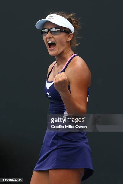 Arina Rodionova of Victoria celebrates after winning a point in her Woman's Singles Final 2019 Australian Open Wildcard Play-Off match against Storm...