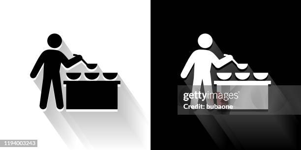 buffet and soup kitchen black and white icon with long shadow - buffet stock illustrations