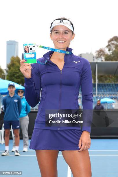 Arina Rodionova of Victoria poses after winning her Woman's Singles Final 2019 Australian Open Wildcard Play-Off match against Storm Sanders of...