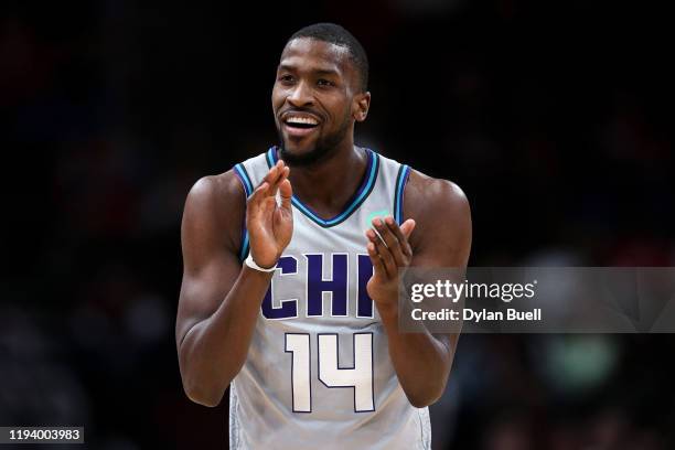 Michael Kidd-Gilchrist of the Charlotte Hornets reacts in the second quarter against the Chicago Bulls at the United Center on December 13, 2019 in...