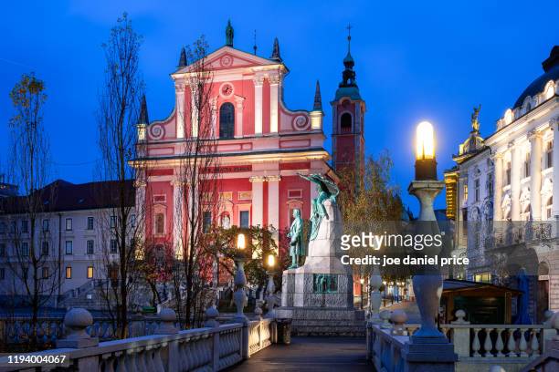 prešeren monument, franciscan church of the annunciation, ljubljana, slovenia - ljubljana slovenia stock pictures, royalty-free photos & images