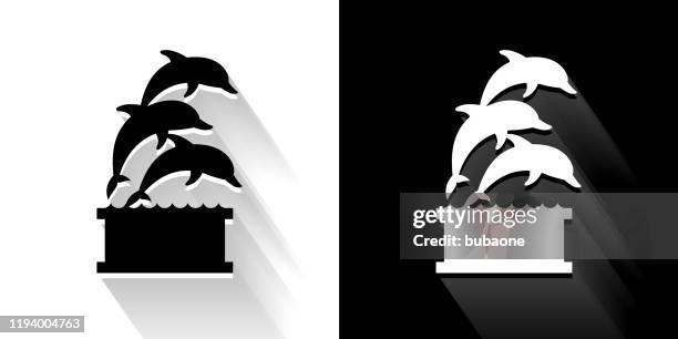 dolphins jumping black and white icon with long shadow - dolphins jumping vector stock illustrations