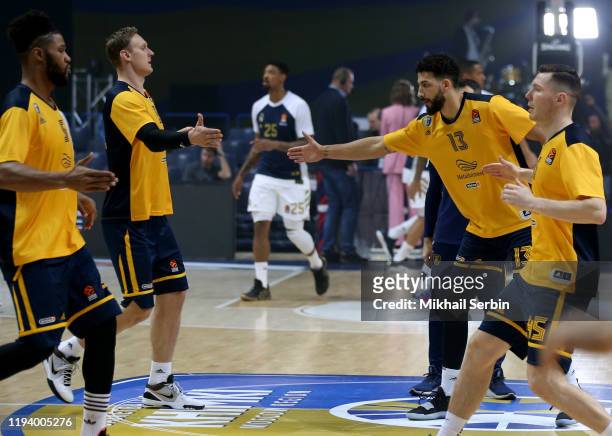 Janis Timma, #6 and Anthony Gill, #13 of Khimki Moscow Region before the 2019/2020 Turkish Airlines EuroLeague Regular Season Round 20 match between...