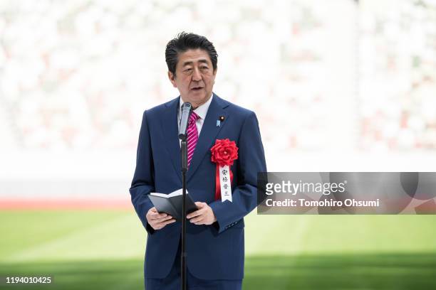 Japan's Prime Minister Shinzo Abe delivers his speech during the construction completion ceremony of the New National Stadium on December 15, 2019 in...