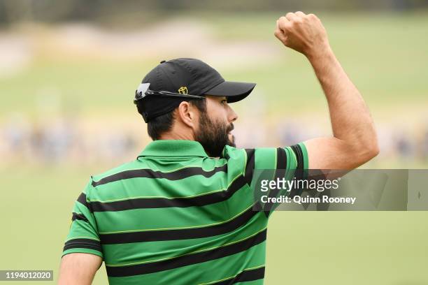 Adam Hadwin of Canada and the International team reacts on the 15th green during Sunday Singles matches on day four of the 2019 Presidents Cup at...