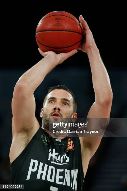 Adam Gibson of the Phoenix takes a free throw during the round 11 NBL match between the South East Melbourne Phoenix and the Cairns Taipans at...