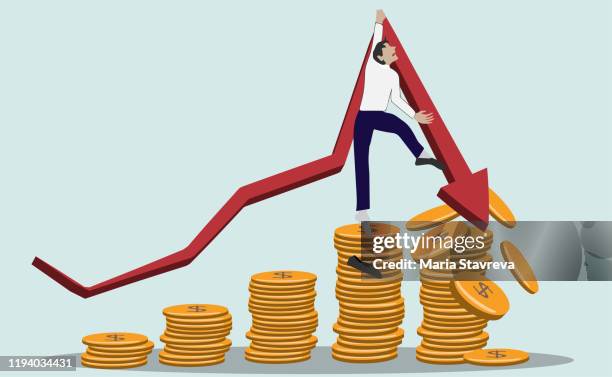businessman falling down from stack of money coin. concept of decline in business value and revenue. - revenue stock illustrations