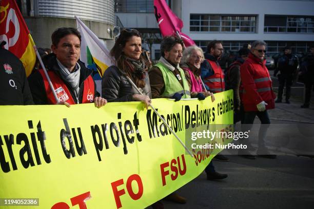 Union members demonstrating in the downtown of Nantes against the retirement reform, on Thursday 16 of 2020