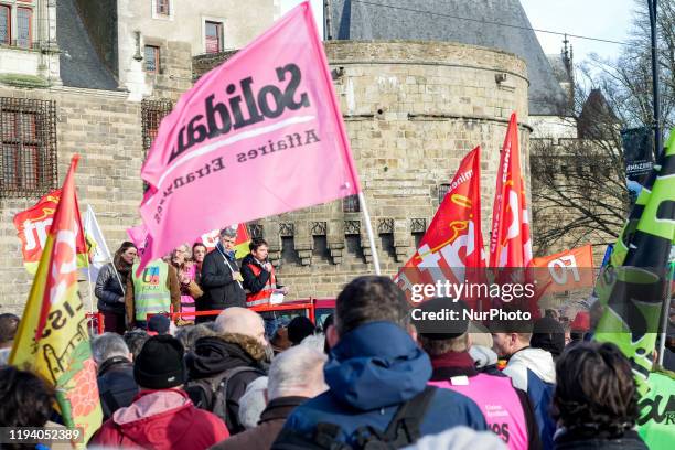 Union members demonstrating in the downtown of Nantes against the retirement reform, on Thursday 16 of 2020