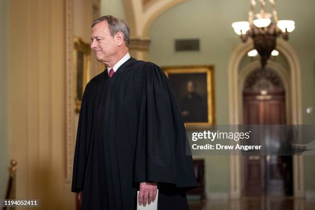 Supreme Court Chief Justice John Roberts arrives to the Senate chamber for impeachment proceedings at the U.S. Capitol on January 16, 2020 in...