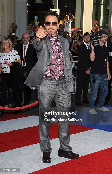 Actor Robert Downey Jr. Attends the Los Angeles Premiere of "Captain America: The First Avenger" at the El Capitan Theatre on July 19, 2011 in...