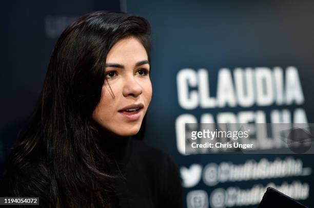 Claudia Gadelha of Brazil interacts with the media during the UFC 246 Ultimate Media Day at UFC APEX on January 16, 2020 in Las Vegas, Nevada.