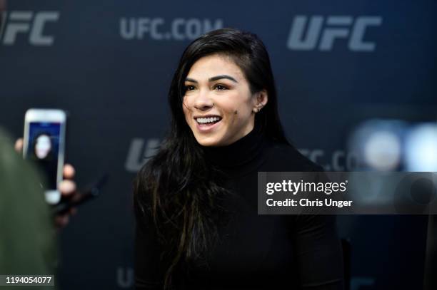 Claudia Gadelha of Brazil interacts with the media during the UFC 246 Ultimate Media Day at UFC APEX on January 16, 2020 in Las Vegas, Nevada.