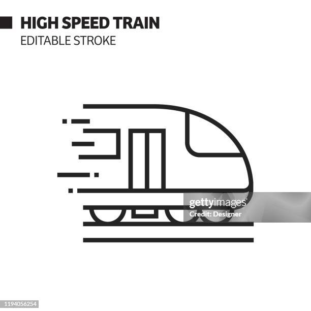 stockillustraties, clipart, cartoons en iconen met hoge snelheid trein lijn pictogram, overzicht vector symbool illustratie. pixel perfect, bewerkbare lijn. - spoorlijn