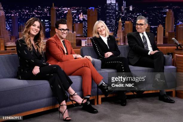Episode 1189 -- Pictured: Actors Annie Murphy, Dan Levy, Catherine O'Hara, and Eugene Levy of "Schitt's Creek" during an interview on January 16,...