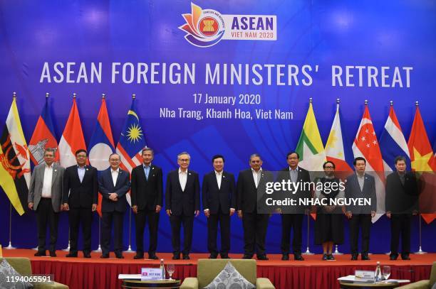 Foreign ministers of the Association of Southeast Asian Nations from L-R: Malaysia's Saifuddin Abdullah, Myanmar's Union Minister for International...