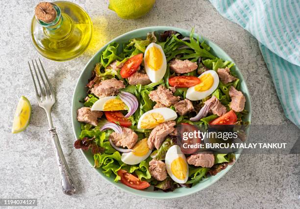 fresh homemade tuna salad - salad nicoise stock pictures, royalty-free photos & images