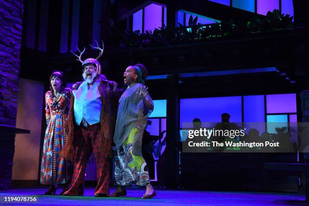 Regina Aquino, who plays Mrs. Page, Brian Mani who plays Falstaff and Ami Brabson, who plays Mrs. Ford, perform a scene during the final dress...