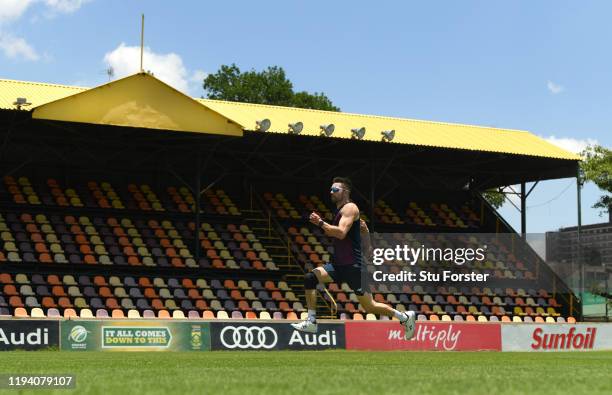 England bowler Mark Wood during sprinting runs during the tour's opening practice session at Willowmore Park during the England Media Access on...