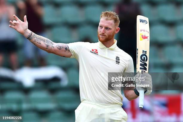 Ben Stokes of England celebrates scoring 100 runs during day 2 of the 3rd Test match between South Africa and England at St Georges Park on January...