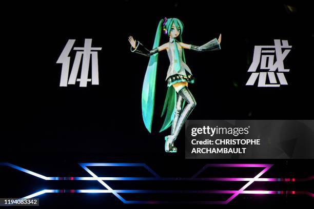 Japanese virtual singer Hatsune Miku performs on stage during a concert at the Zenith concerthall, in Paris, on January 16, 2020.