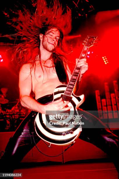 American Rock musician Zakk Wylde plays guitar as he performs with Ozzy Osbourne's band, onstage at the Poplar Creek Music Theater, Hoffman Estates,...