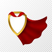 Red cape badge. Hero cloak, mantle carnival super clothes with blank shield. Success and leadership symbol, power vector concept