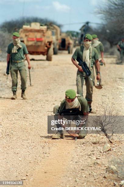 Lieutenant Tombalato of the 6th French Foreign Legion regiment of Engineers, searches for mines, 7 February 1993, on a road in the west of Somalia,...