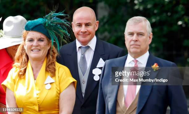 Sarah Ferguson, Duchess of York, Johan Eliasch and Prince Andrew, Duke of York attend day four of Royal Ascot at Ascot Racecourse on June 21, 2019 in...